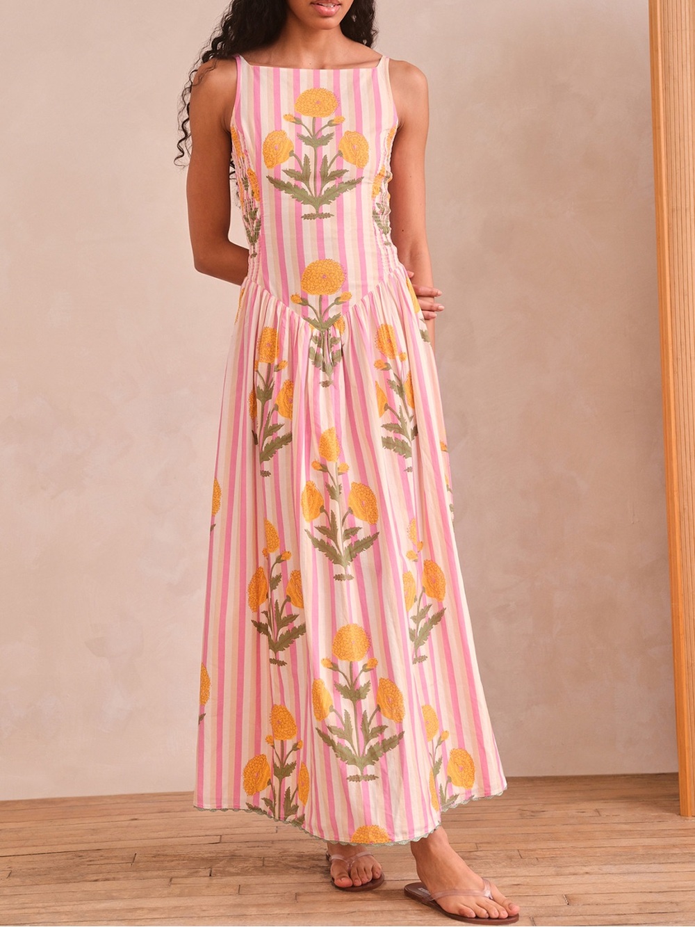 Saylor Kearney Striped Pink & Yellow Floral Maxi Dress size S